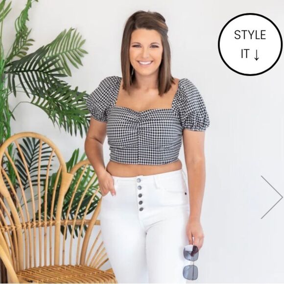 Pink Lily YOU'RE GENUINE CROPPED GINGHAM BLACK white Puff Sleeve Retro XXL - Picture 3 of 13